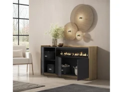 Aparadores para salón, 156x80x37 cm, 3 Puertas, Chimenea eléctrica, Negro y roble