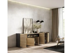Aparadores para salón, 260x80x37 cm, 5 Puertas, Chimenea eléctrica, Roble y negro