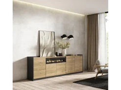 Aparadores para salón, 260x80x37 cm, 5 Puertas, Chimenea eléctrica, Roble y negro