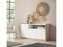Aparadores para salón, 156x80x37 cm, 3 Puertas, Armario, zapatero, Blanco y roble soft