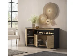 Aparadores para salón, 156x80x37 cm, 3 Puertas, Chimenea eléctrica, Roble y negro
