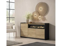 Aparadores para salón, 156x80x37 cm, 3 Puertas, Chimenea eléctrica, Roble y negro