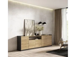 Aparadores para salón, 260x80x37 cm, 5 Puertas, Armario, zapatero, Roble y negro