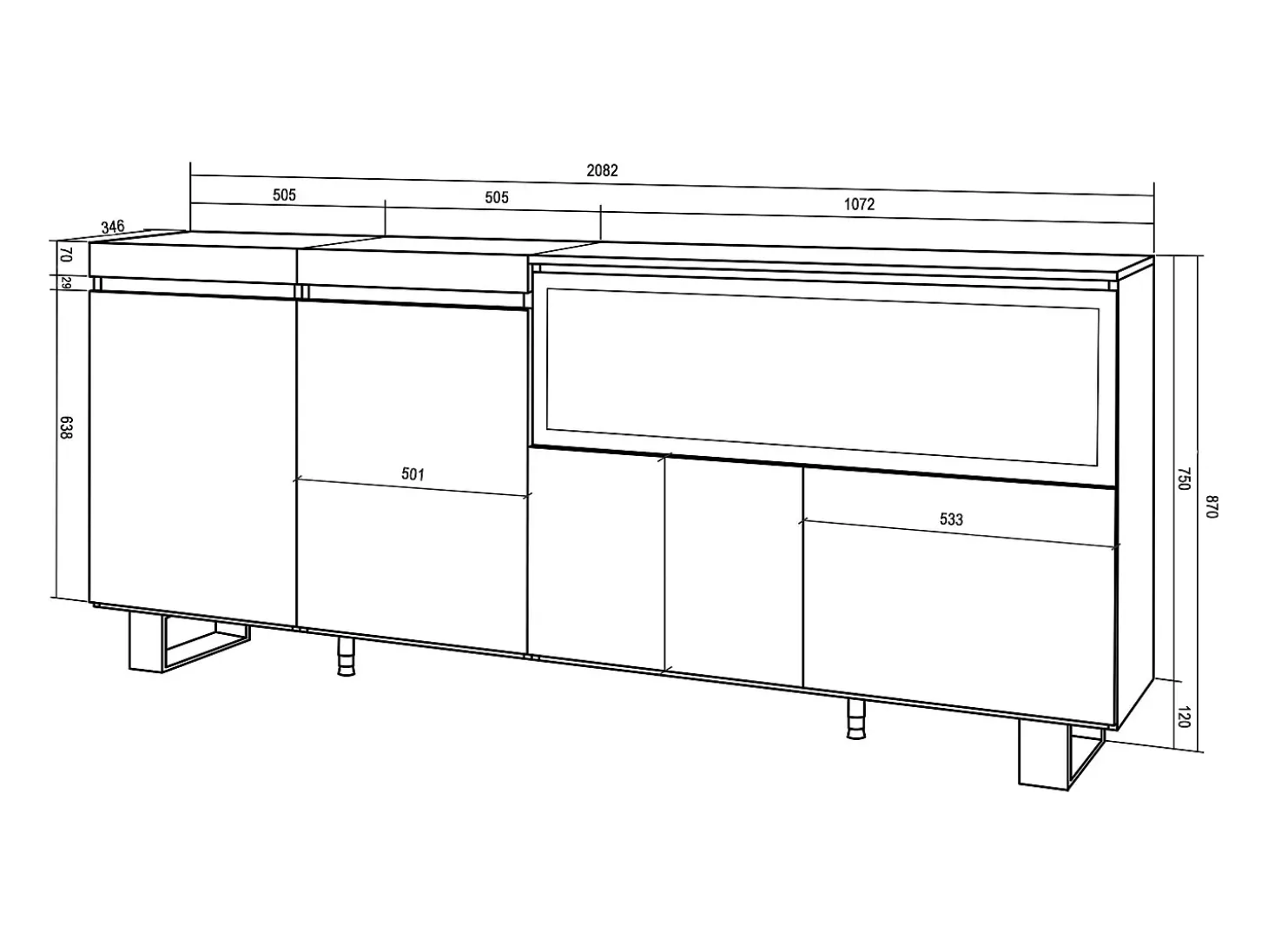 Aparadores para salón, 208x35x87cm, 4 Puertas, Chimenea eléctrica XXL, Diseño industrial, Roble