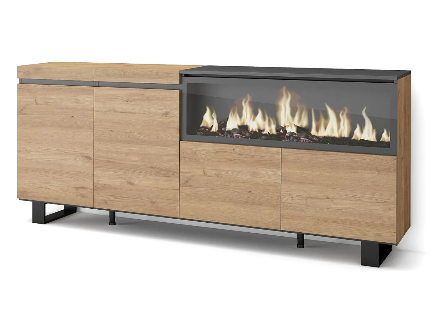 Aparadores para salón, 208x35x87cm, 4 Puertas, Chimenea eléctrica XXL, Diseño industrial, Roble