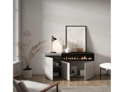 Aparadores para salón, 150x35x75cm, 3 Puertas, Chimenea eléctrica, Cemento