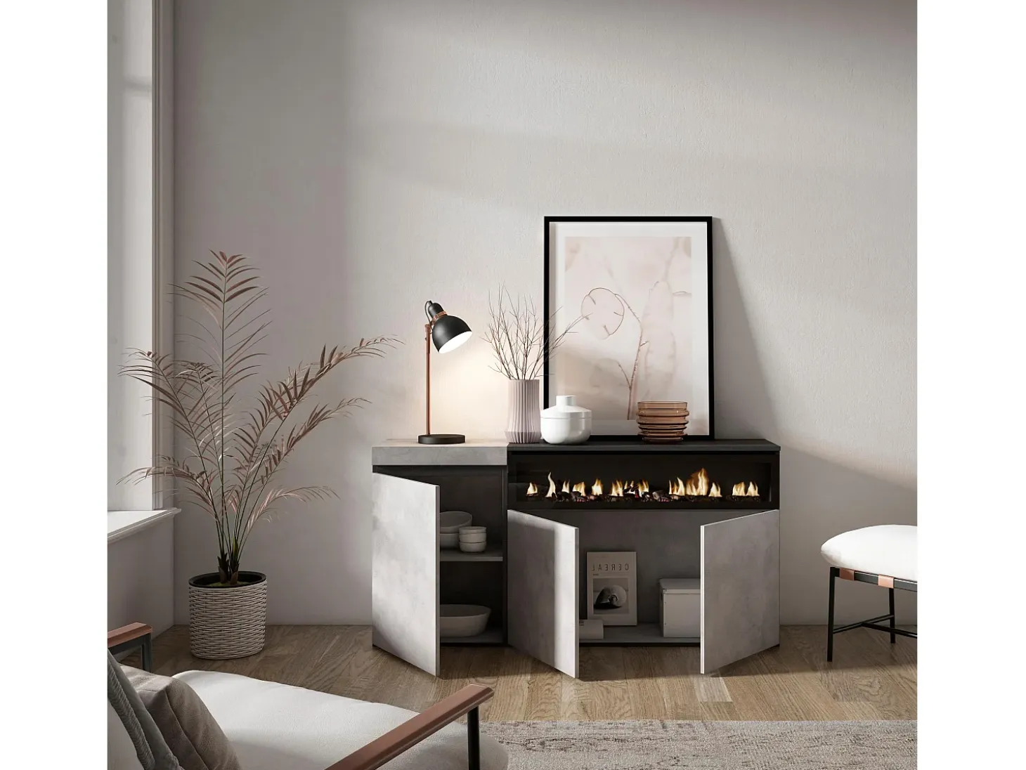 Aparadores para salón, 150x35x75cm, 3 Puertas, Chimenea eléctrica, Cemento