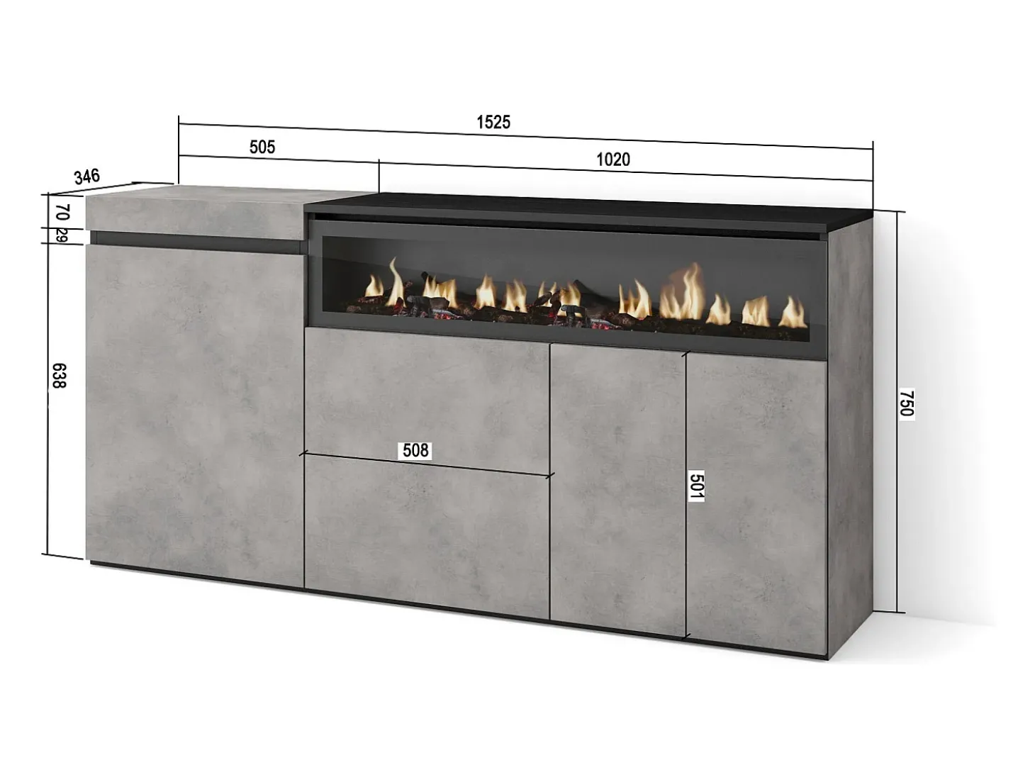 Aparadores para salón, 150x35x75cm, 3 Puertas, Chimenea eléctrica, Cemento