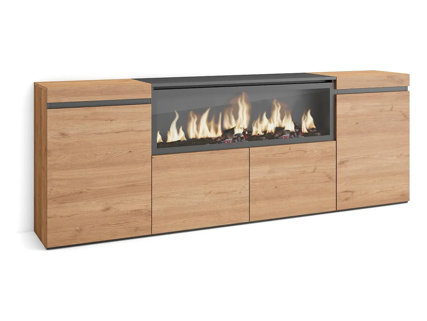 Aparadores para salón, 208x35x75cm, 4 Puertas, Chimenea eléctrica XXL, Roble