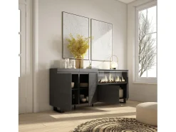Aparadores para salón, 208x35x87cm, 4 Puertas, Chimenea eléctrica XXL, Diseño industrial, Negro