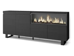 Aparadores para salón, 208x35x87cm, 4 Puertas, Chimenea eléctrica XXL, Diseño industrial, Negro