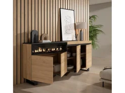 Aparadores para salón, 200x35x87cm, 4 Puertas, Chimenea eléctrica, Diseño industrial, Roble y negro