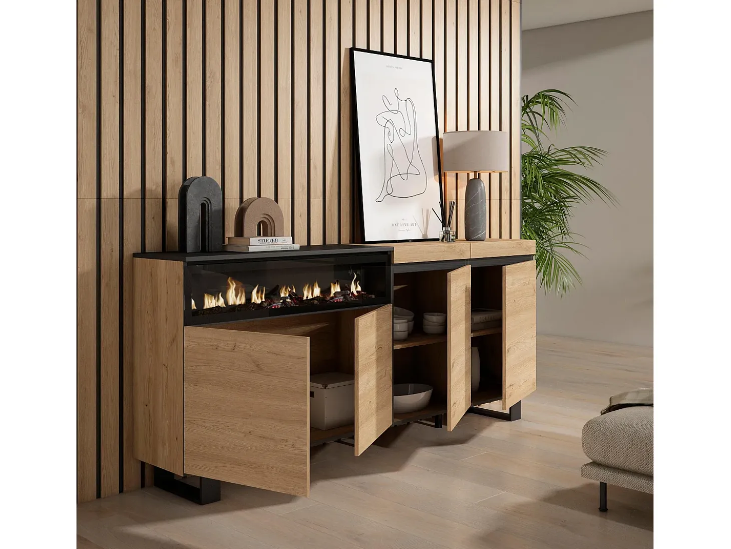 Aparadores para salón, 200x35x87cm, 4 Puertas, Chimenea eléctrica, Diseño industrial, Roble y negro