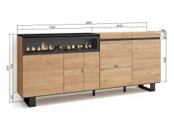 Aparadores para salón, 200x35x87cm, 4 Puertas, Chimenea eléctrica, Diseño industrial, Roble y negro