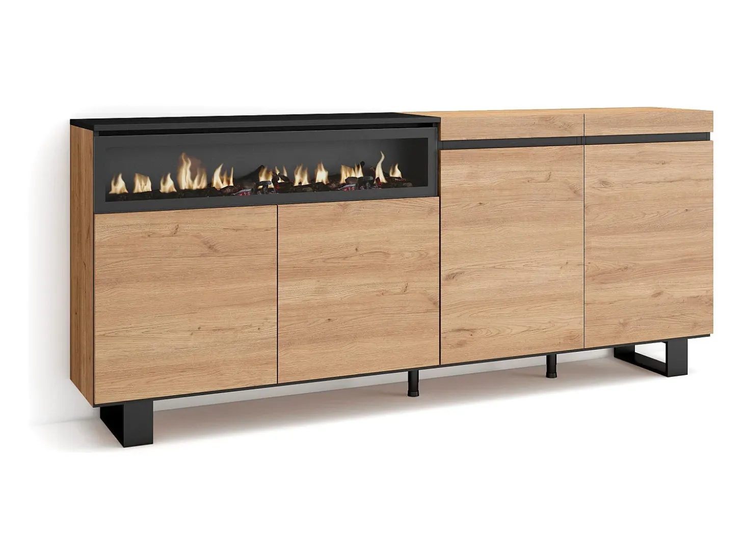 Aparadores para salón, 200x35x87cm, 4 Puertas, Chimenea eléctrica, Diseño industrial, Roble y negro