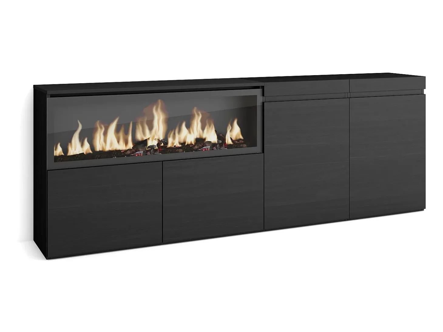 Aparadores para salón, 208x35x75cm, 4 Puertas, Chimenea eléctrica XXL, Negro