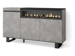 Aparadores para salón, 150x35x87cm, 3 Puertas, Chimenea eléctrica, Diseño industrial, Cemento