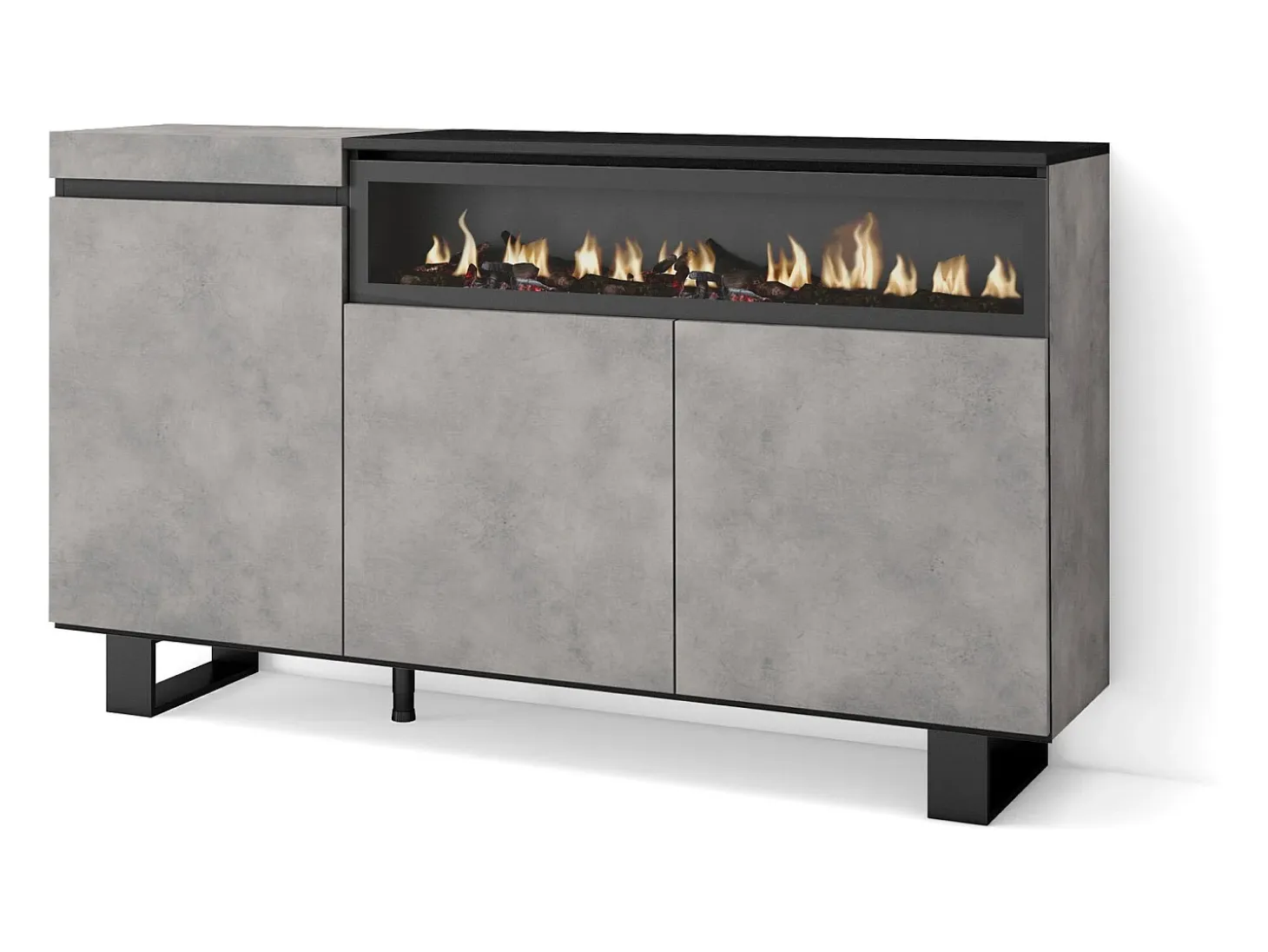 Aparadores para salón, 150x35x87cm, 3 Puertas, Chimenea eléctrica, Diseño industrial, Cemento