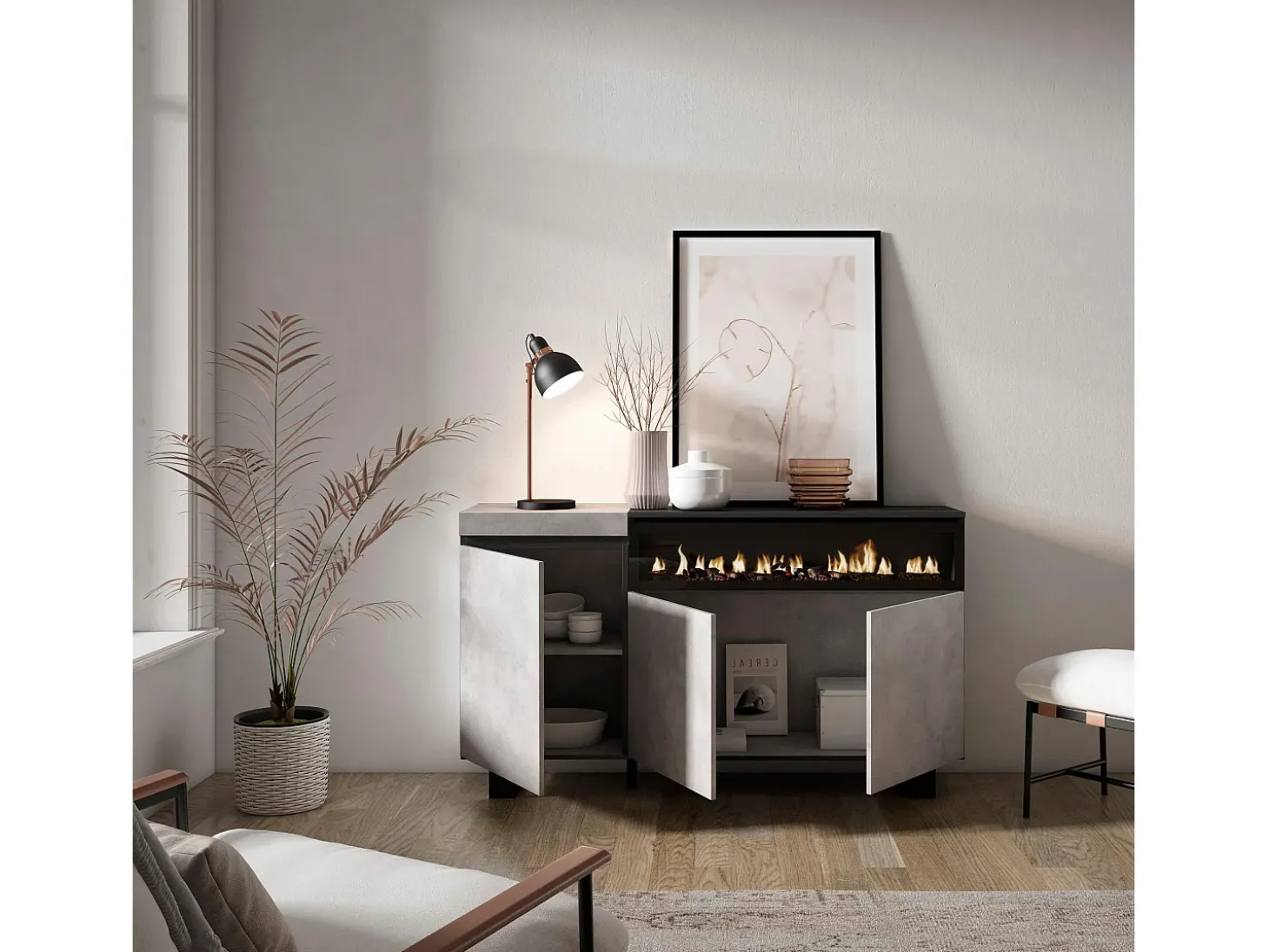 Aparadores para salón, 150x35x87cm, 3 Puertas, Chimenea eléctrica, Diseño industrial, Cemento