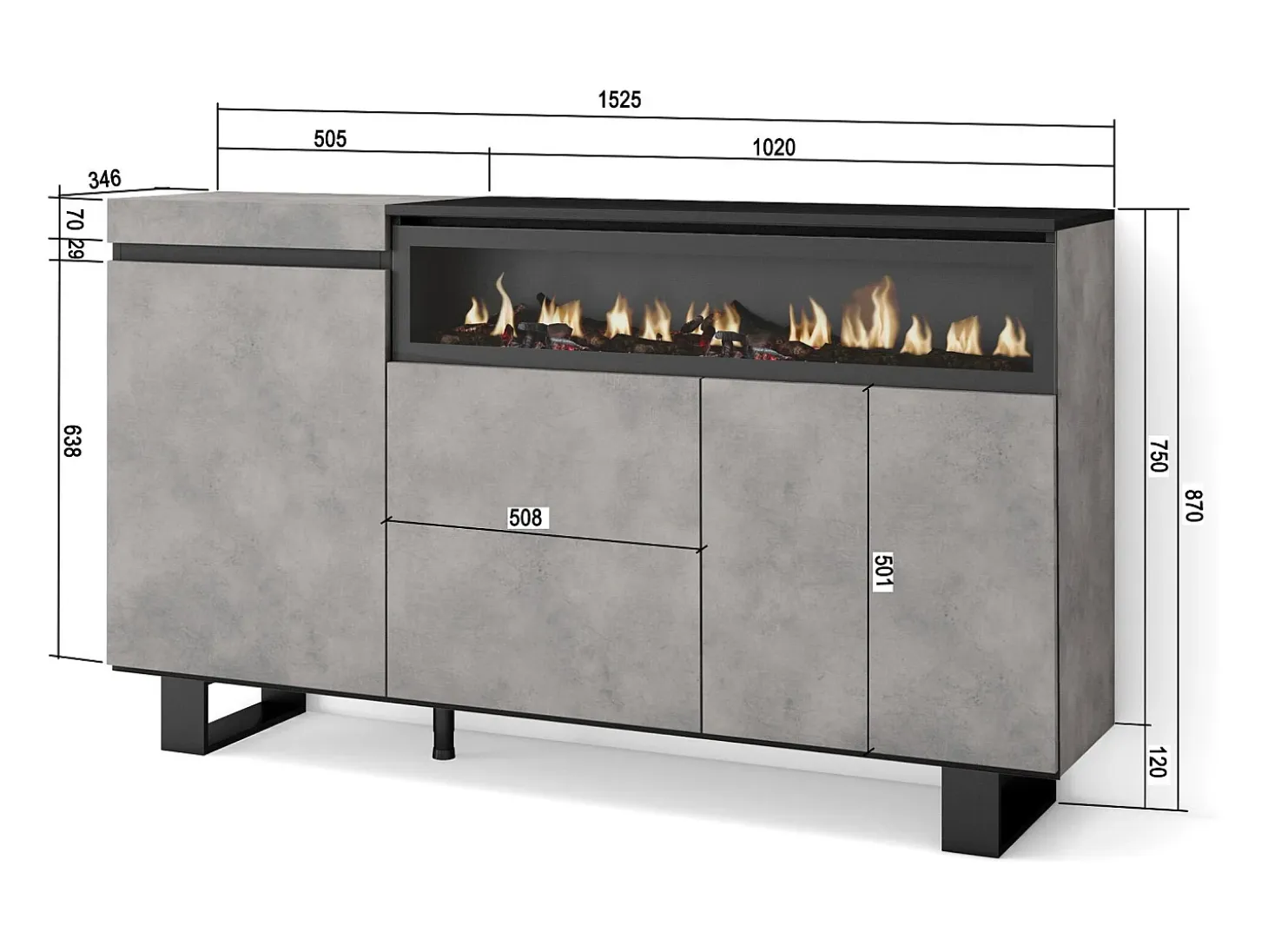 Aparadores para salón, 150x35x87cm, 3 Puertas, Chimenea eléctrica, Diseño industrial, Cemento