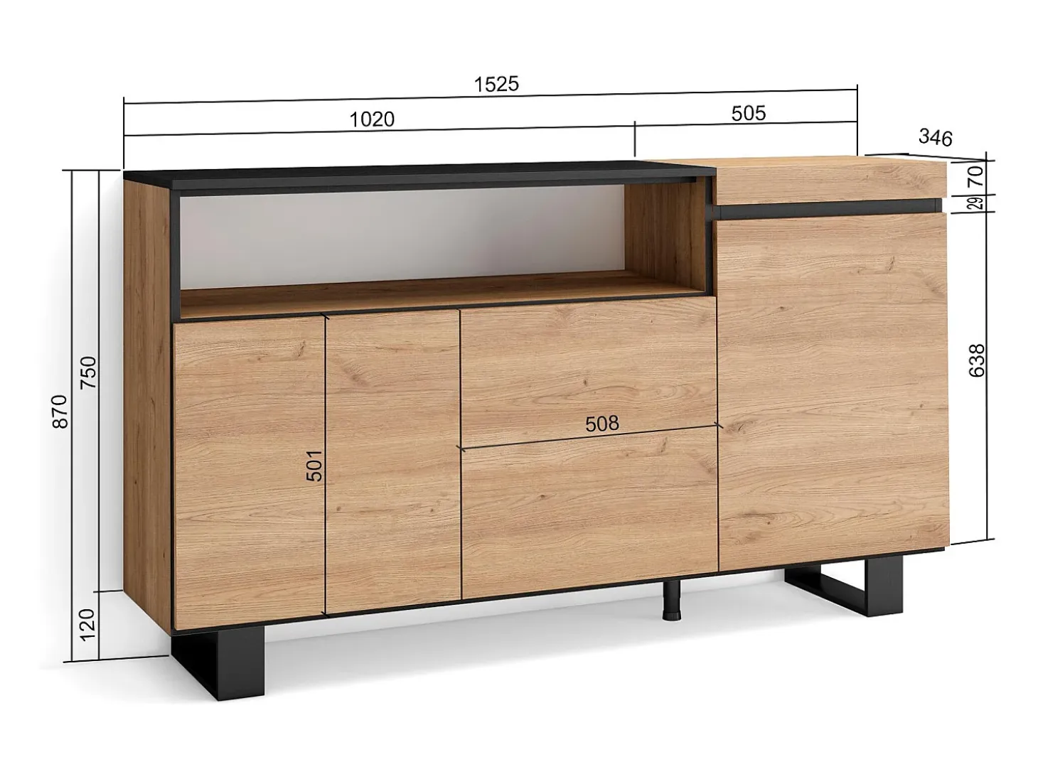Aparadores para salón, 150x35x87cm, 3 Puertas, Diseño industrial, Roble y negro