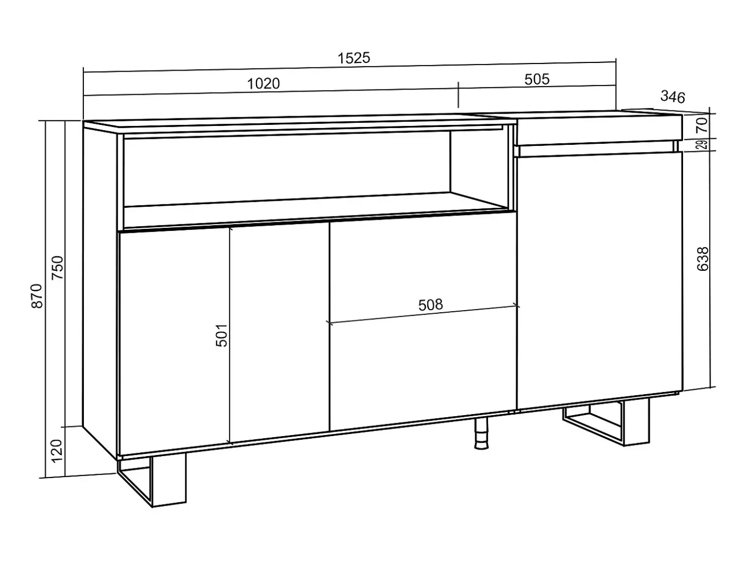 Aparadores para salón, 150x35x87cm, 3 Puertas, Diseño industrial, Roble y negro