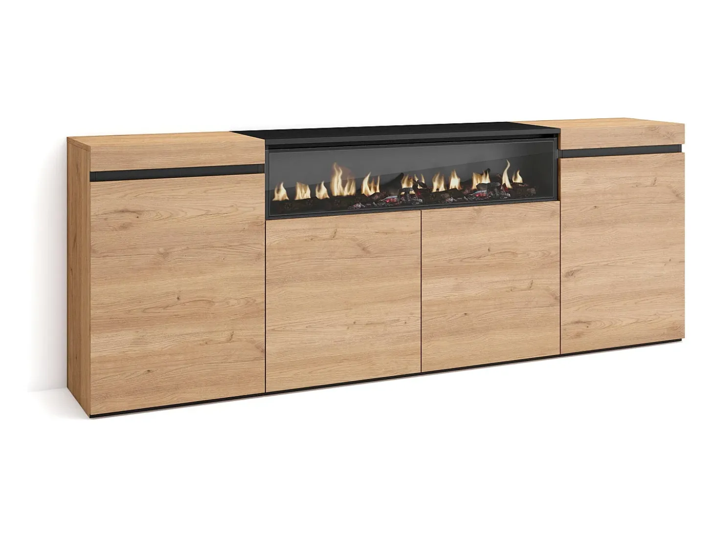 Aparadores para salón, 200x35x75cm, 4 Puertas, Chimenea eléctrica, Roble y negro