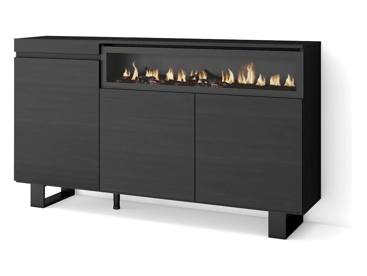 Aparadores para salón, 150x35x87cm, 3 Puertas, Chimenea eléctrica, Diseño industrial, Negro