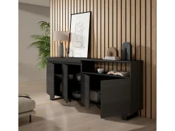 Aparadores para salón, 200x35x87cm, 4 Puertas, Diseño industrial, Negro
