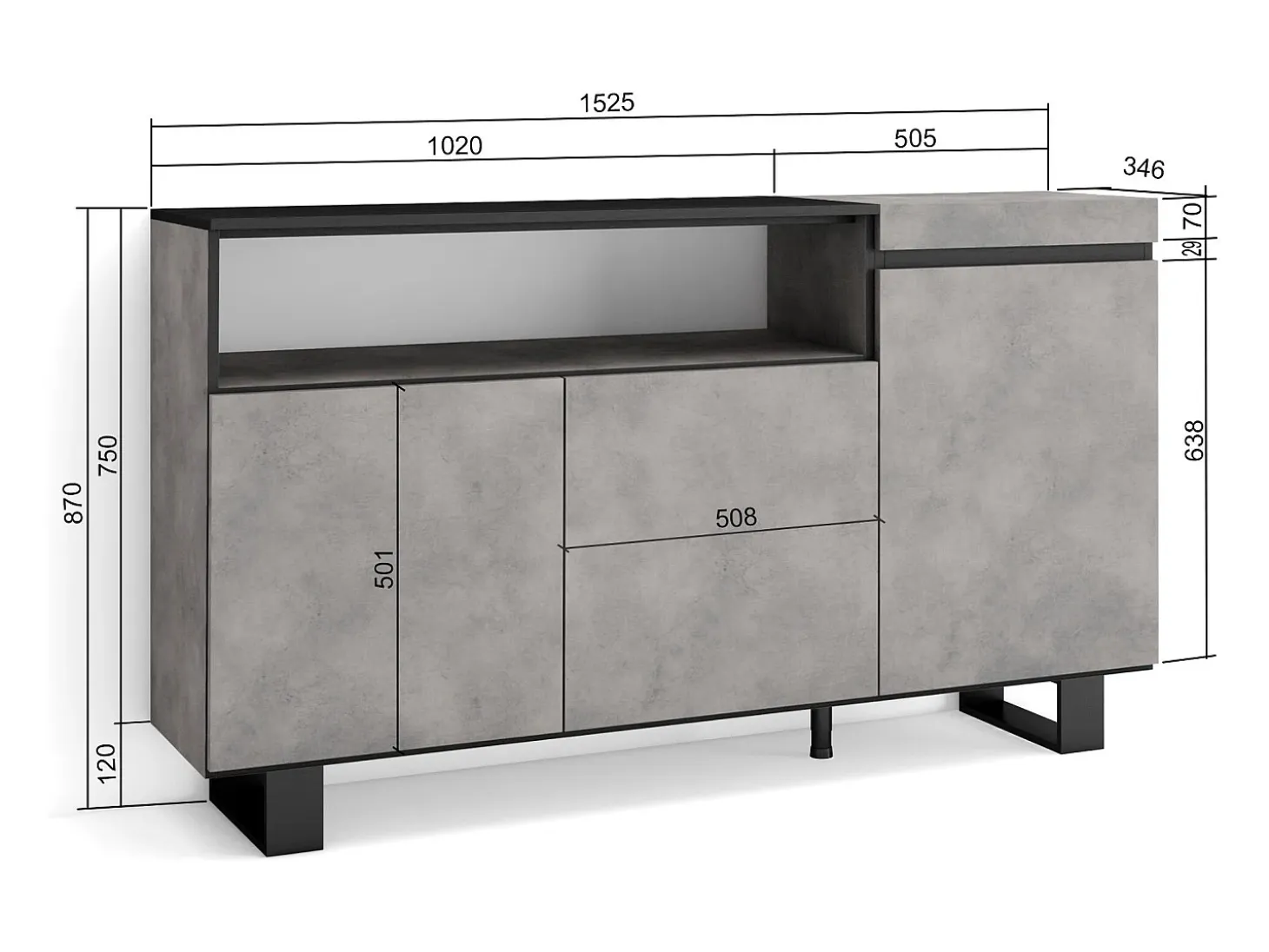 Aparadores para salón, 150x35x87cm, 3 Puertas, Diseño industrial, Cemento