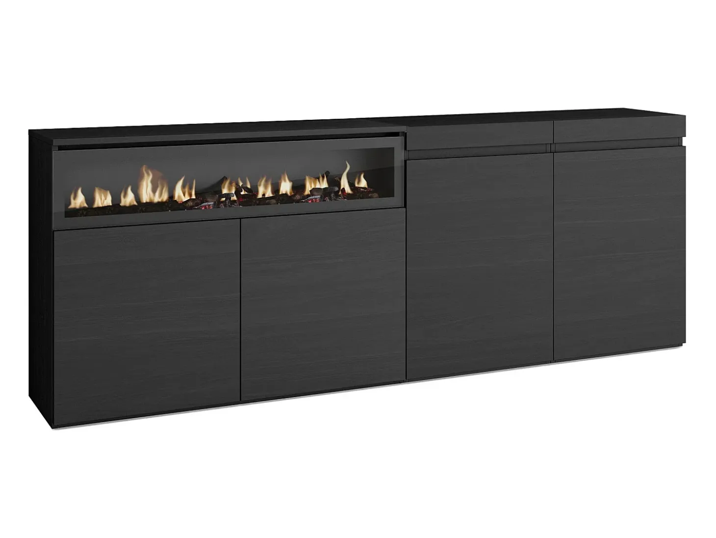 Aparadores para salón, 200x35x75cm, 4 Puertas, Chimenea eléctrica, Negro