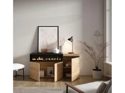 Aparadores para salón, 150x35x75cm, 3 Puertas, Chimenea eléctrica, Roble y negro