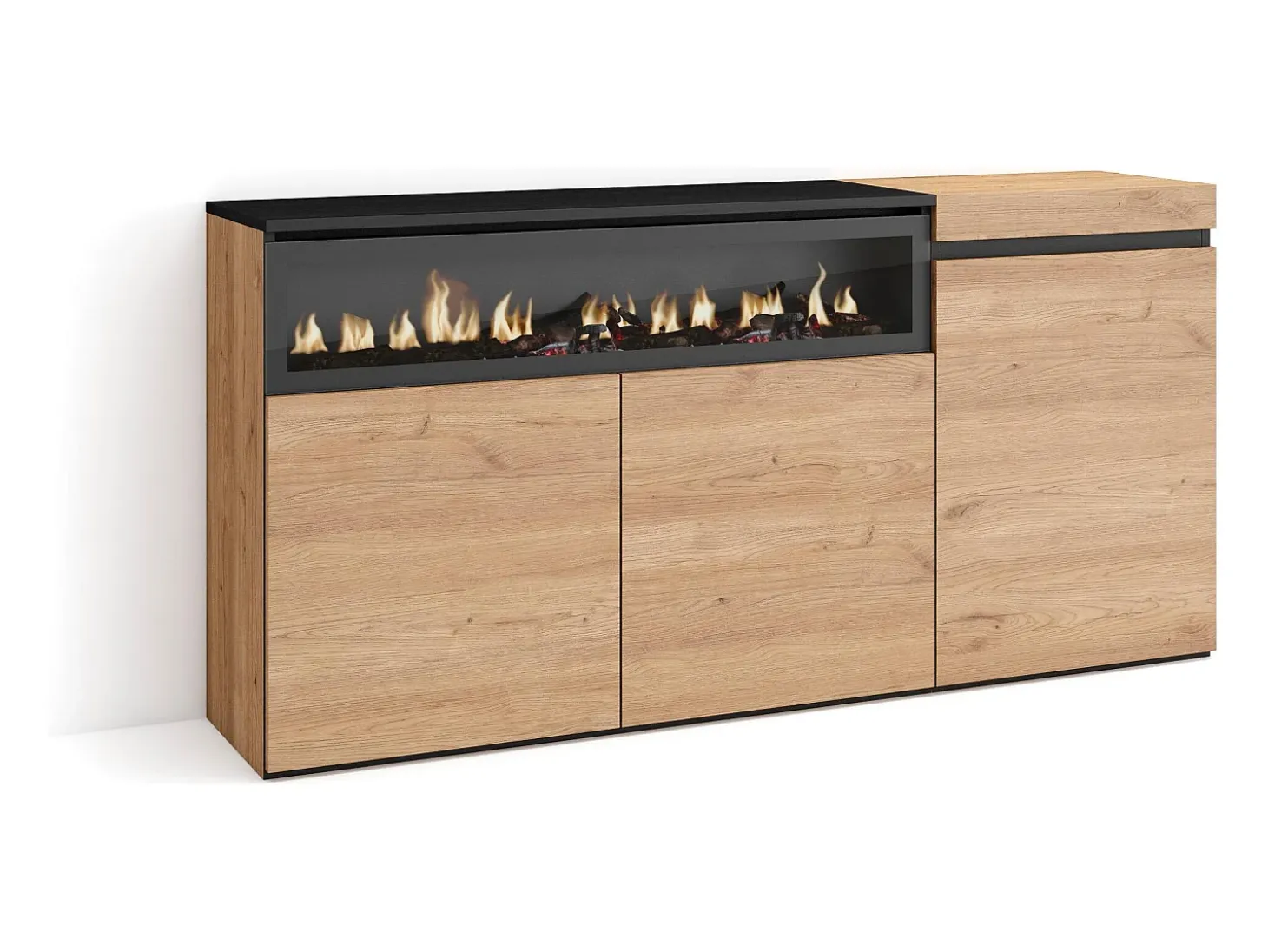 Aparadores para salón, 150x35x75cm, 3 Puertas, Chimenea eléctrica, Roble y negro