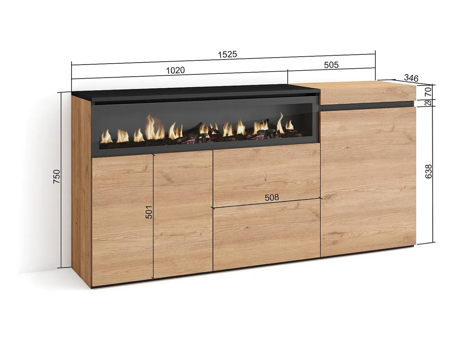 Aparadores para salón, 150x35x75cm, 3 Puertas, Chimenea eléctrica, Roble y negro