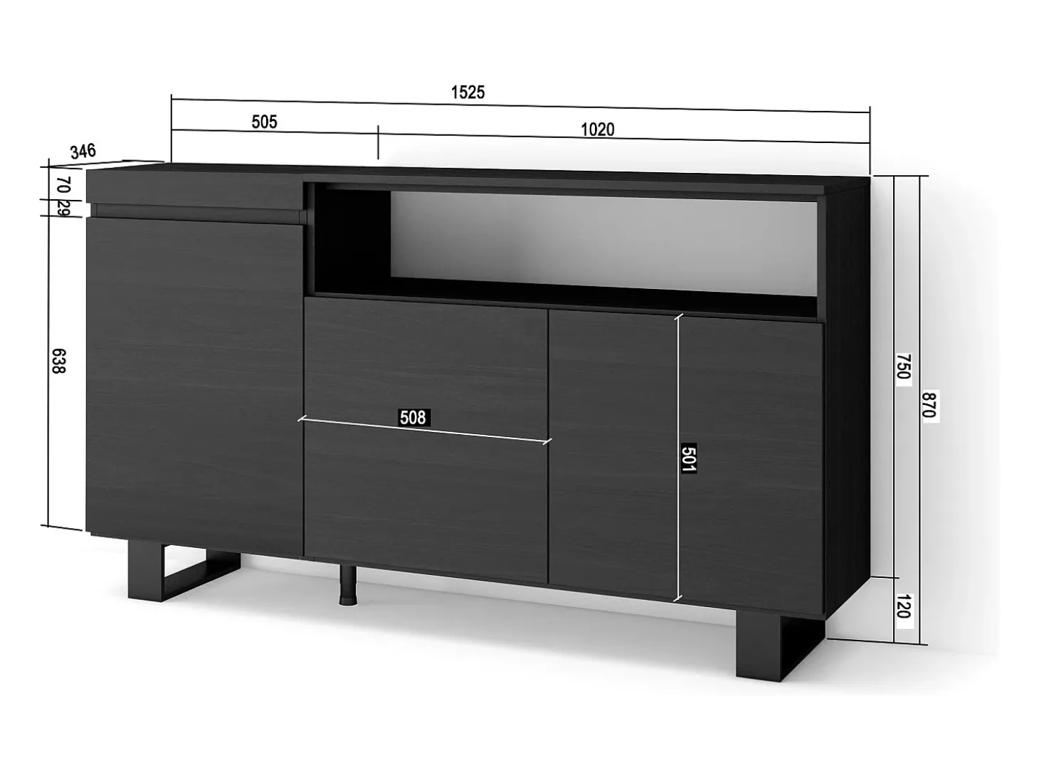 Aparadores para salón, 150x35x87cm, 3 Puertas, Diseño industrial, Negro