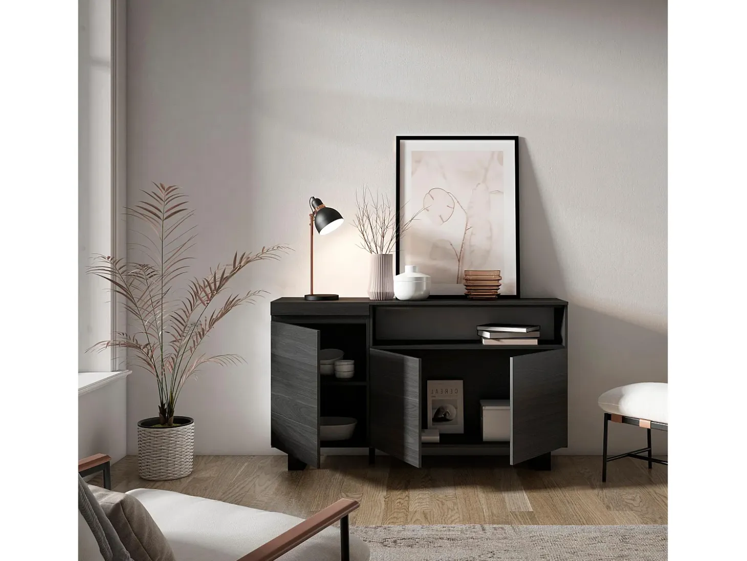 Aparadores para salón, 150x35x87cm, 3 Puertas, Diseño industrial, Negro