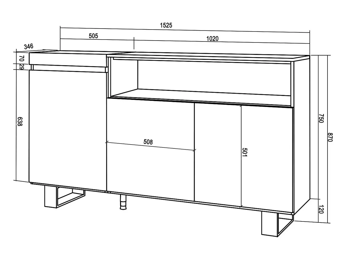 Aparadores para salón, 150x35x87cm, 3 Puertas, Diseño industrial, Negro
