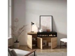 Aparadores para salón, 150x35x75cm, 3 Puertas, Chimenea eléctrica, Roble y negro