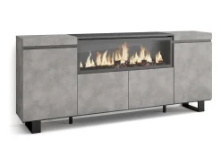 Aparadores para salón, 208x35x87cm, 4 Puertas, Chimenea eléctrica XXL, Diseño industrial, Cemento