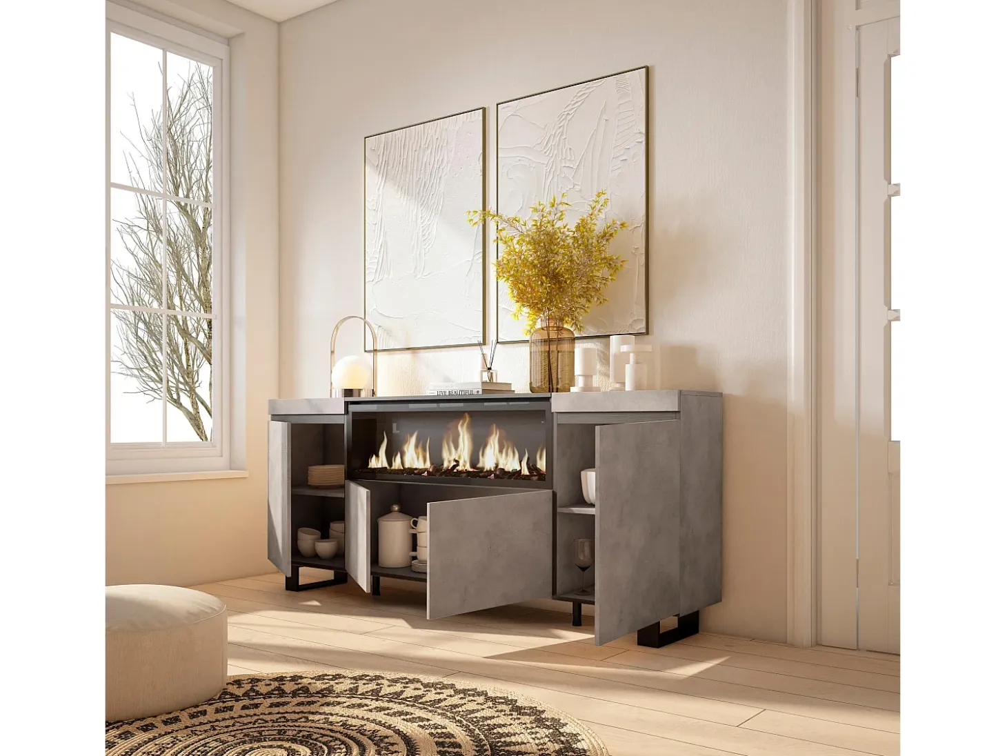 Aparadores para salón, 208x35x87cm, 4 Puertas, Chimenea eléctrica XXL, Diseño industrial, Cemento