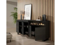 Aparadores para salón, 200x35x87cm, 4 Puertas, Chimenea eléctrica, Diseño industrial, Negro