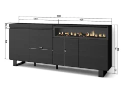 Aparadores para salón, 200x35x87cm, 4 Puertas, Chimenea eléctrica, Diseño industrial, Negro