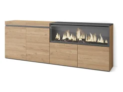 Aparadores para salón, 208x35x75cm, 4 Puertas, Chimenea eléctrica XXL, Roble