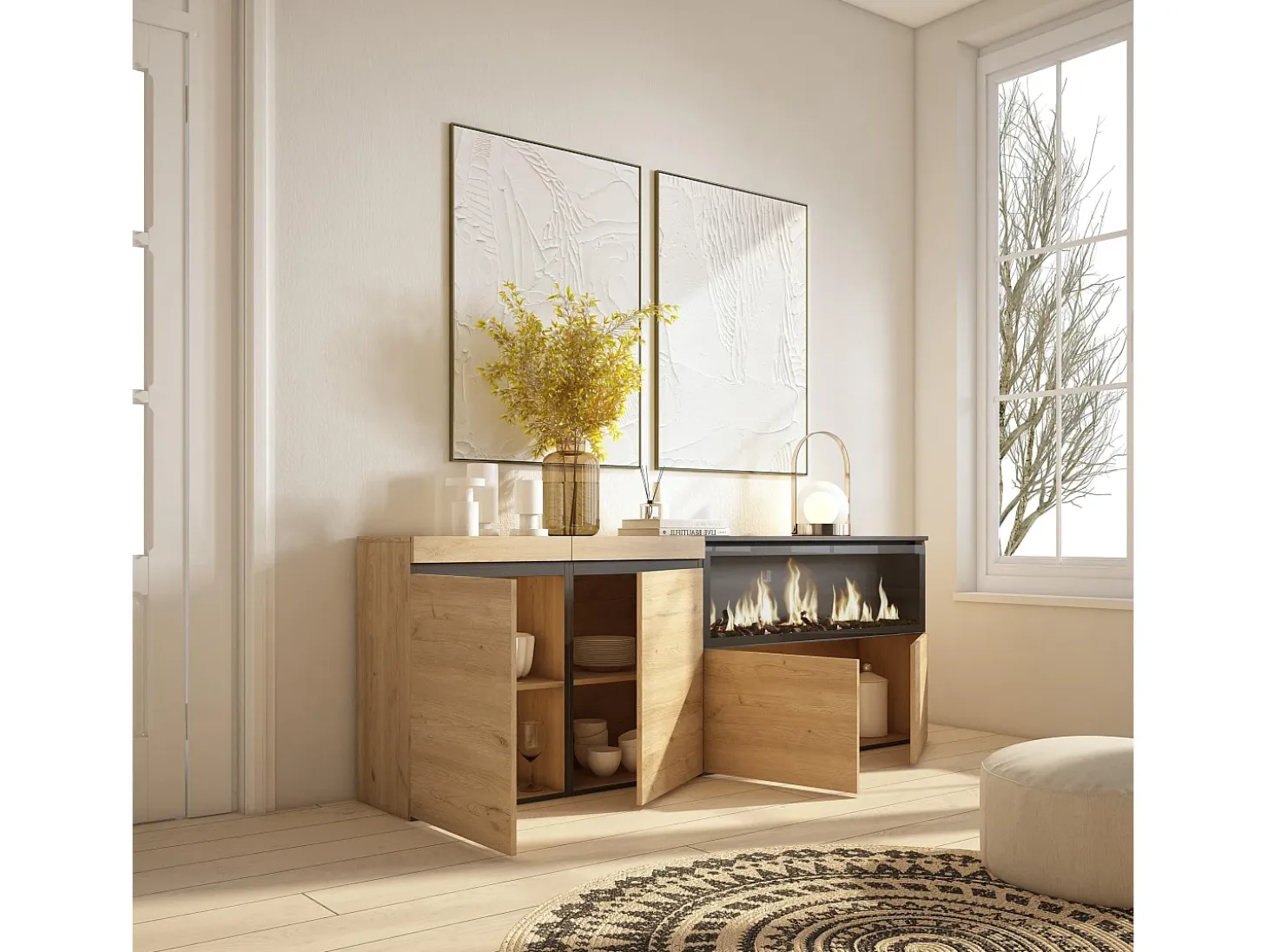 Aparadores para salón, 208x35x75cm, 4 Puertas, Chimenea eléctrica XXL, Roble