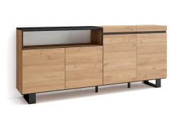 Aparadores para salón, 200x35x87cm, 4 Puertas, Diseño industrial, Roble y negro