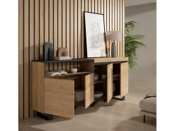 Aparadores para salón, 200x35x87cm, 4 Puertas, Diseño industrial, Roble y negro