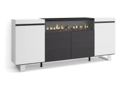 Aparadores para salón, 200x35x87cm, 4 Puertas, Chimenea eléctrica, Diseño industrial, Blanco y negro