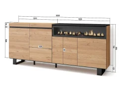 Aparadores para salón, 200x35x87cm, 4 Puertas, Chimenea eléctrica, Diseño industrial, Roble y negro