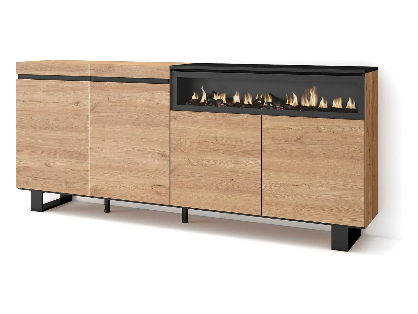 Aparadores para salón, 200x35x87cm, 4 Puertas, Chimenea eléctrica, Diseño industrial, Roble y negro