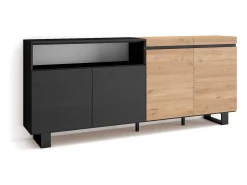 Aparadores para salón, 200x35x87cm, 4 Puertas, Diseño industrial, Roble y negro